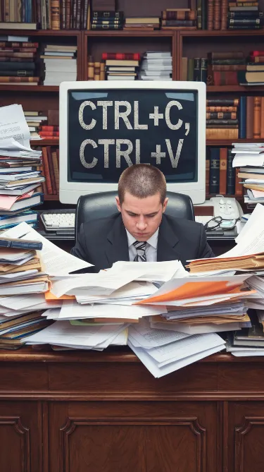 congressional bill expansion, A legislative aide drowning in a sea of papers while a computer screen shows "Ctrl+C, Ctrl+V" keys worn down to nothing