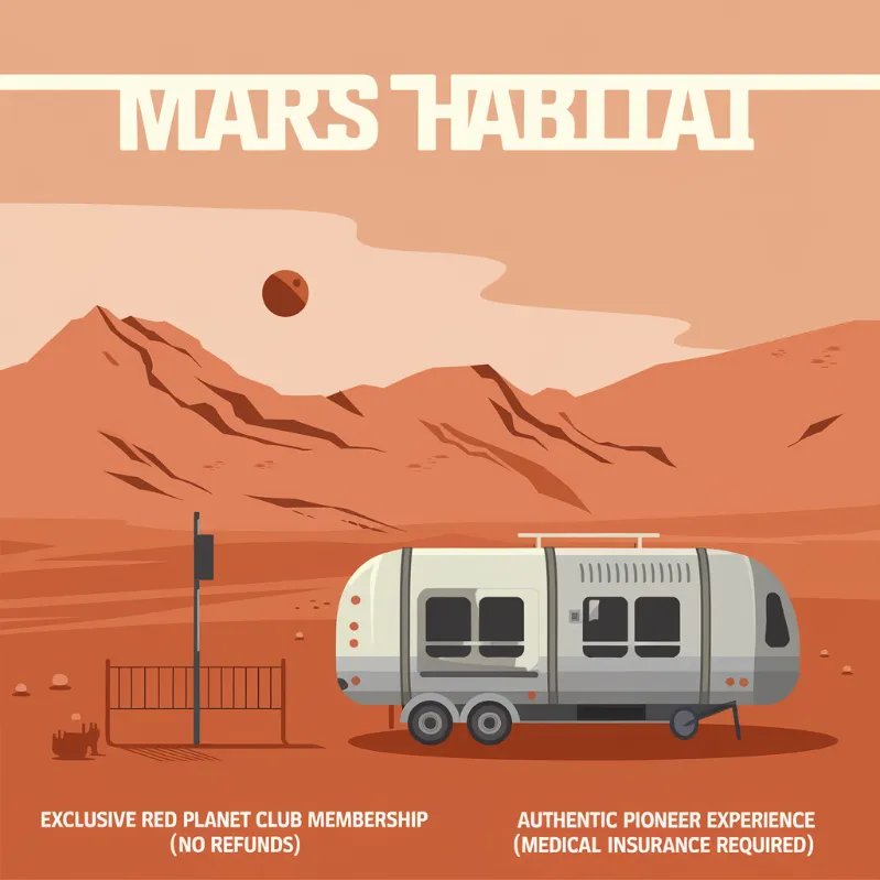 Mars colony lifestyle reality, A Mars habitat marketing brochure with increasingly desperate amenity descriptions like "Exclusive Red Planet Club Membership (No Refunds)" and "Authentic Pioneer Experience (Medical Insurance Required)