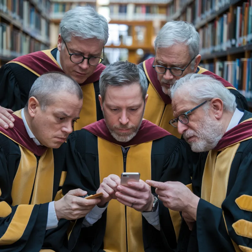 cultural education effectiveness, A group of professors huddled around a smartphone, looking devastated as they realize their Wikipedia editing privileges might be revoked