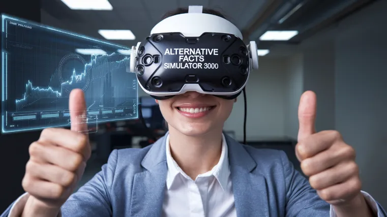 confirmation bias benefits, A person wearing a VR headset labeled "Alternative Facts Simulator 3000" while giving two thumbs up to imaginary evidence