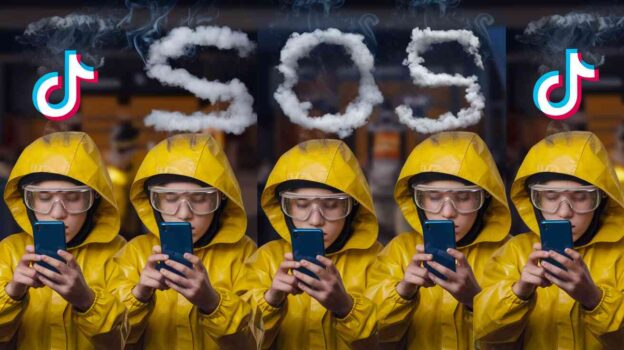 A melodramatic photo montage showing teenagers in hazmat suits desperately trying to access TikTok while their phones emit smoke signals spelling "SOS"