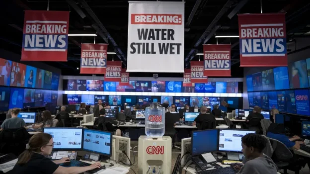 CNN breaking news addiction, A CNN newsroom with multiple "BREAKING NEWS" banners hanging everywhere, including one above the water cooler that reads "BREAKING: Water Still Wet"