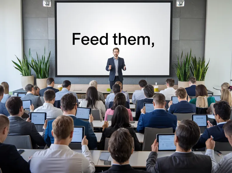 community outreach food sharing, A consultant giving a $50,000 presentation featuring a single slide that says "Feed Them," while the audience takes frantic notes on their iPads