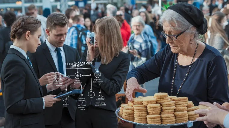 community outreach food sharing, A team of consultants in expensive suits analyzing a complex flowchart about "user engagement metrics," while completely ignoring a grandmother successfully attracting dozens of people with a plate of cookies