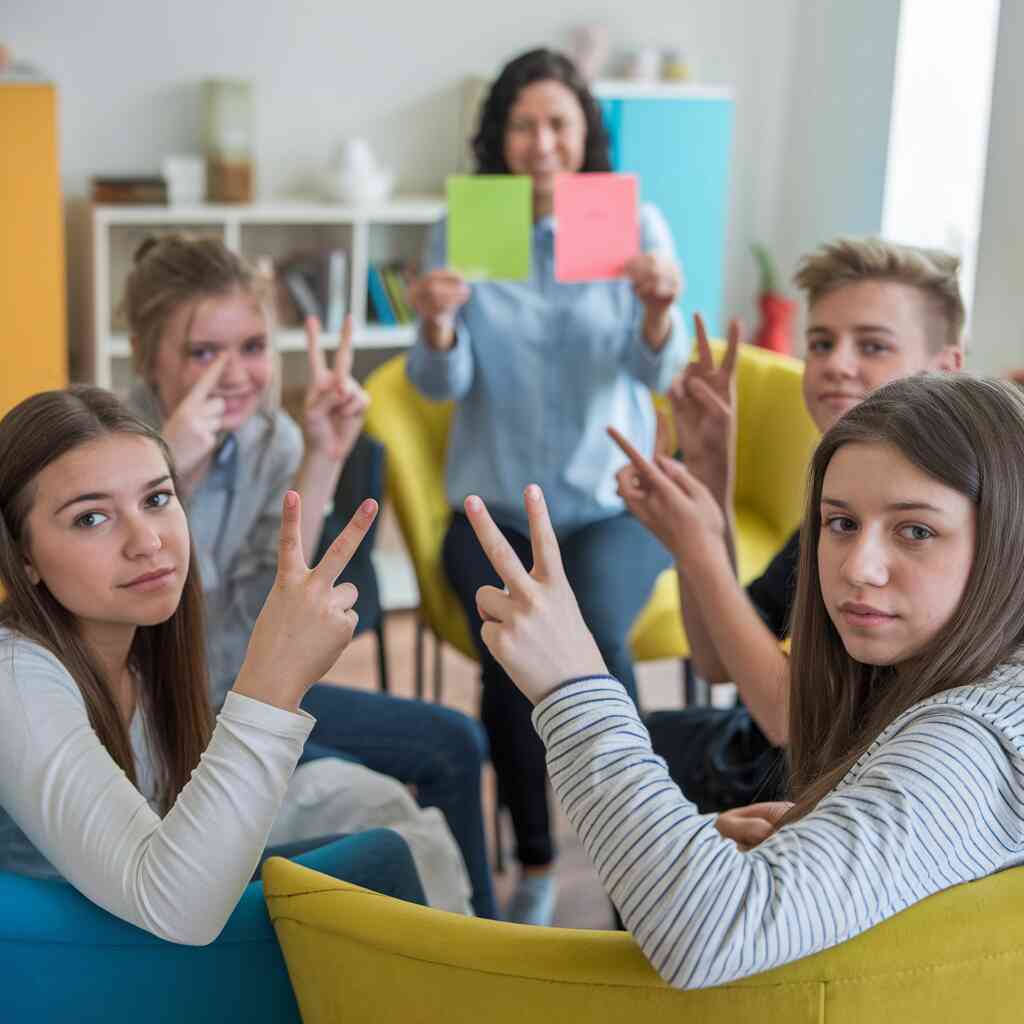 A group therapy session where teenagers practice making peace signs without filters while a counselor holds up encouraging flashcards