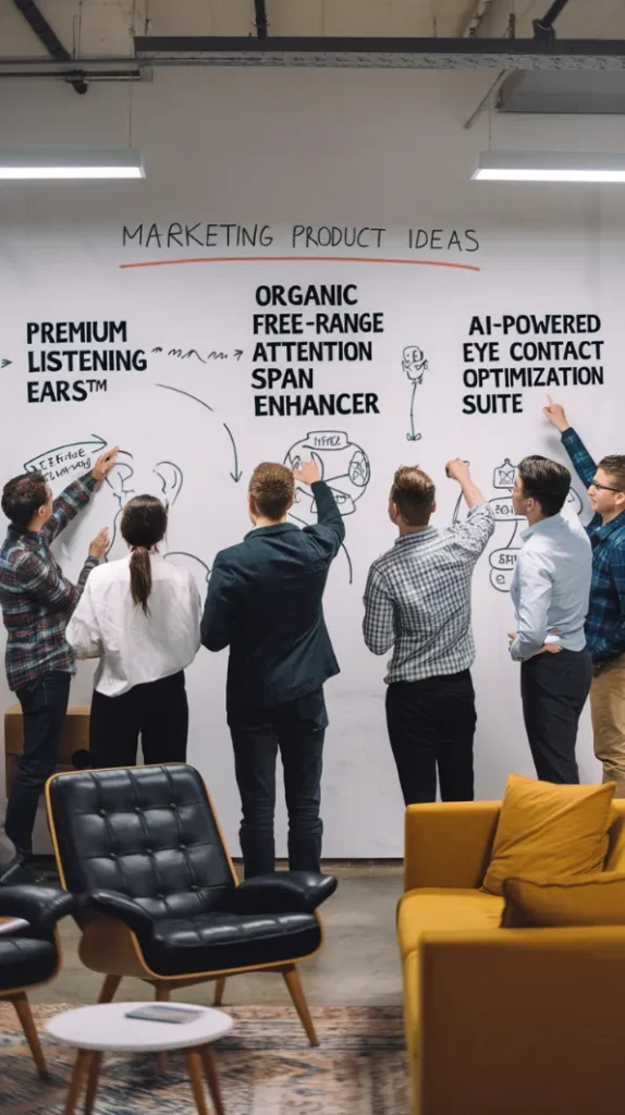 child development technique, A marketing team brainstorming session whiteboard showing increasingly desperate product ideas: "Premium Listening Ears™", "Organic Free-Range Attention Span Enhancer", and "AI-Powered Eye Contact Optimization Suite"