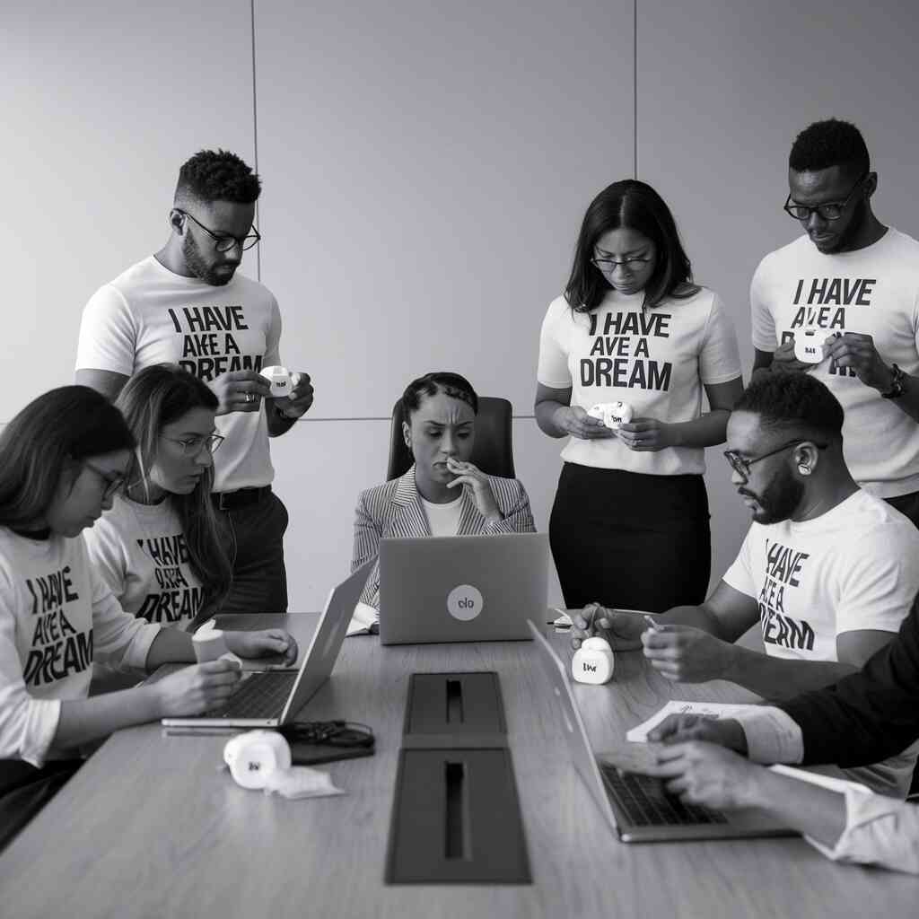 A marketing team in matching "I Have A Dream" AirPods cases, brainstorming hashtags while a lonely DEI consultant weeps in the corner