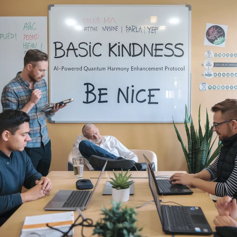 conflict resolution techniques, A desperate marketing team rebranding "basic kindness" as "AI-Powered Quantum Harmony Enhancement Protocol" while their "Be Nice" consultant sleeps peacefully in the corner