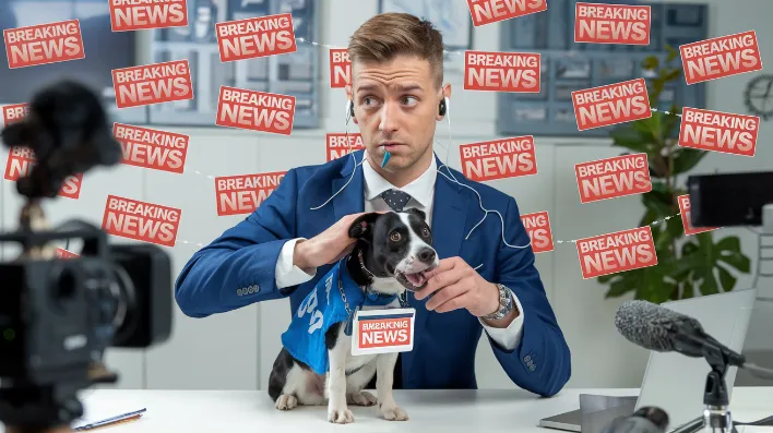 breaking news urgency, A news anchor having an existential crisis while surrounded by 47 "BREAKING NEWS" banners, wearing multiple earpieces, and attempting to pet a therapy dog that's wearing its own miniature news desk