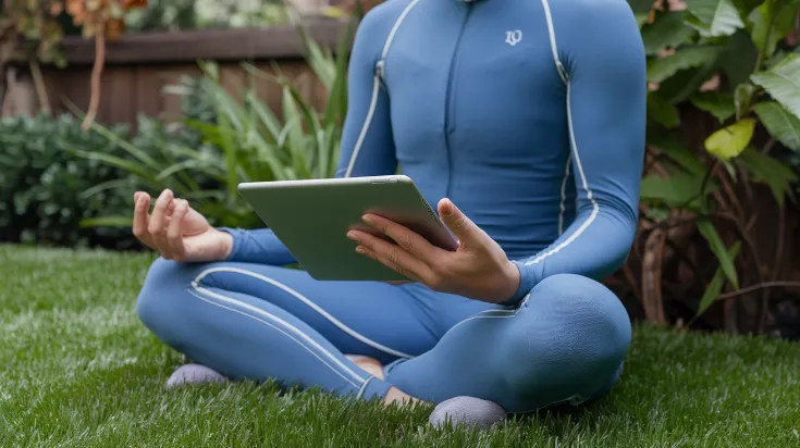 natural wellness wisdom, A person in a $2,000 "outdoor optimization suit" consulting three different meditation apps while sitting in a "premium grass contact zone" (their backyard)