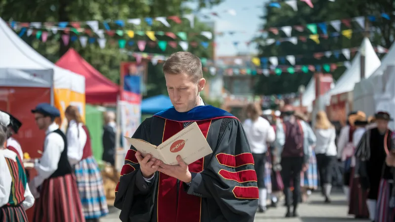 cultural education effectiveness, A professor in full academic regalia seriously analyzing a takeout menu while a vibrant cultural festival occurs directly behind them