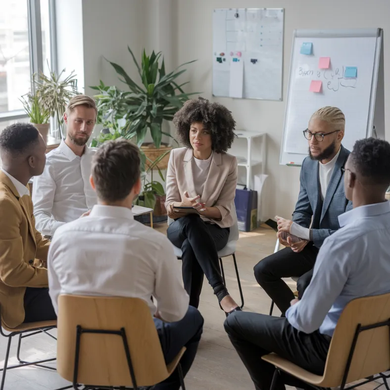 conflict resolution techniques, A support group of unemployed conflict resolution consultants sitting in a circle, desperately trying to complicate the concept of "being nice" with blockchain technology and machine learning