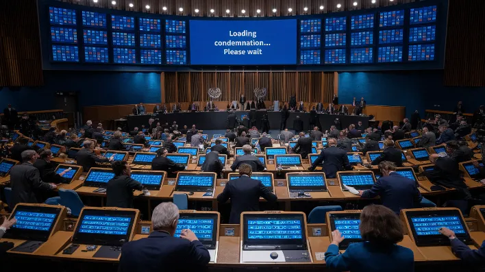 UN diplomatic letter writing, A UN conference room filled with diplomats frantically pushing buttons on "Easy Letter™" keypads while a giant screen displays "Loading Condemnation... Please Wait"