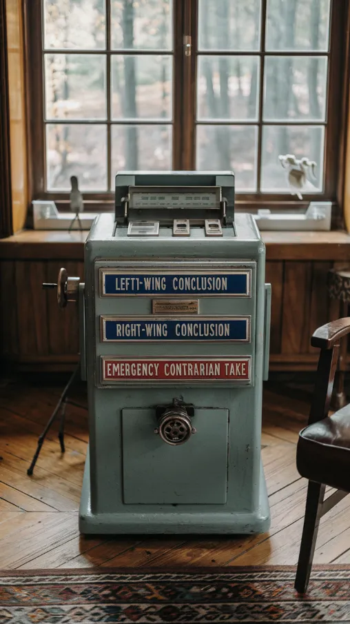 Think tank research process, A sophisticated machine with buttons labeled "Left-Wing Conclusion," "Right-Wing Conclusion," and "Emergency Contrarian Take"