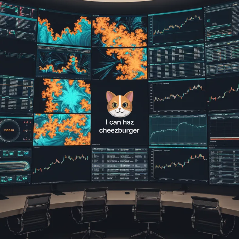 big data analytics insights, A wall of 16K monitors displaying incomprehensible fractal patterns and crypto charts, with a simple "I Can Haz Cheezburger" meme in the center