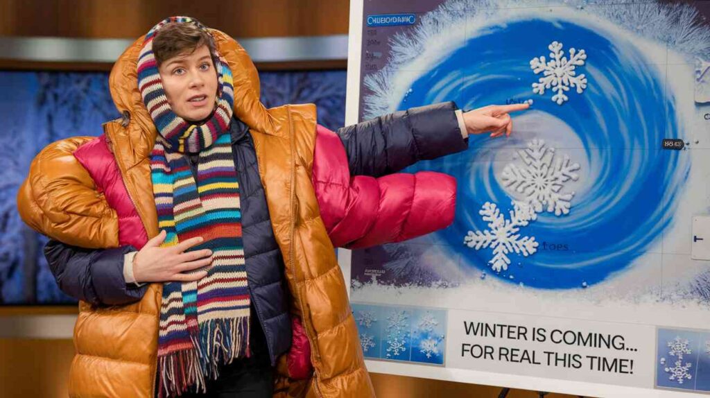 A weather forecaster wearing 17 scarves, desperately trying to point at a weather map while their arms are restricted by multiple puffy coats. The map behind them shows a giant blue swirl with badly photoshopped snowflakes and the caption "Winter Is Coming... For Real This Time!"