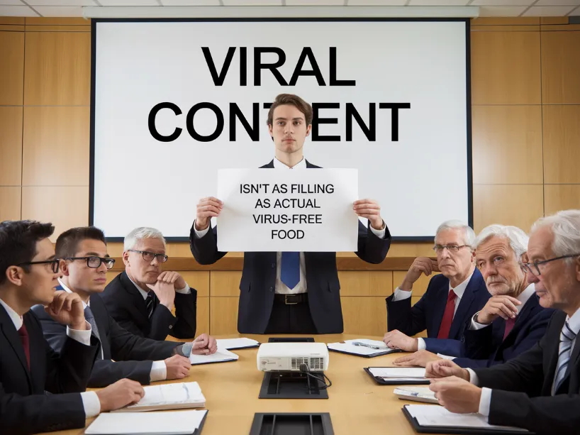 community outreach food sharing, An intern trying to explain to a board room that "viral content" isn't as filling as actual virus-free food