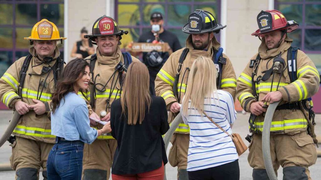 A group of influencers teaching firefighters how to pose with their hoses for maximum engagement, while a TikToker does a "Day in the Life of an Evacuee" vlog in the background