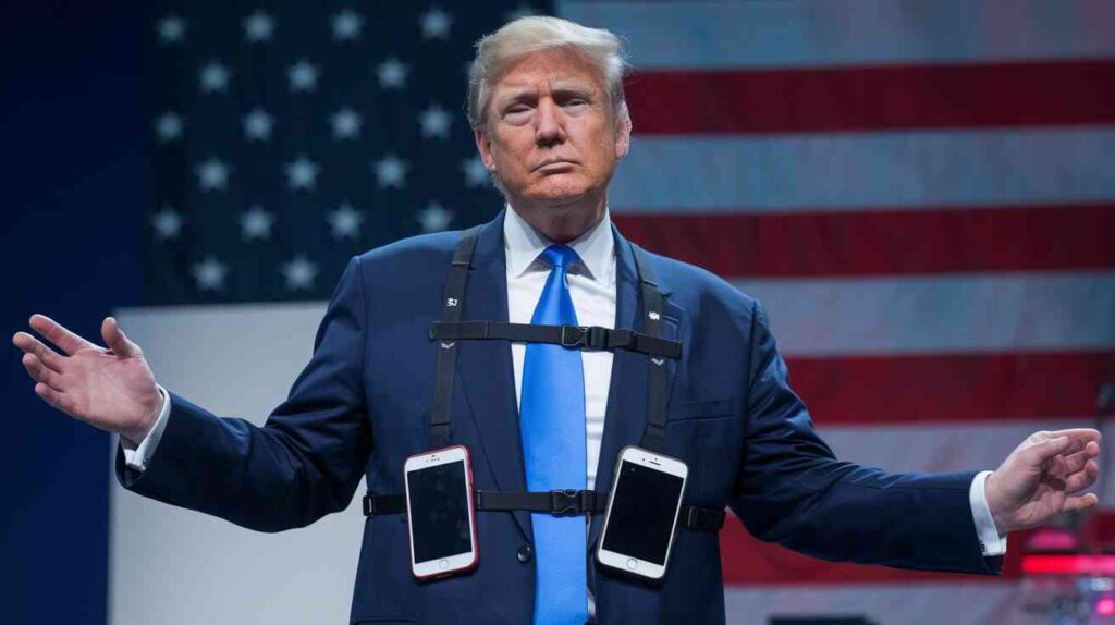 Trump attempting to do a viral dance trend while wearing three phones on a selfie stick harness