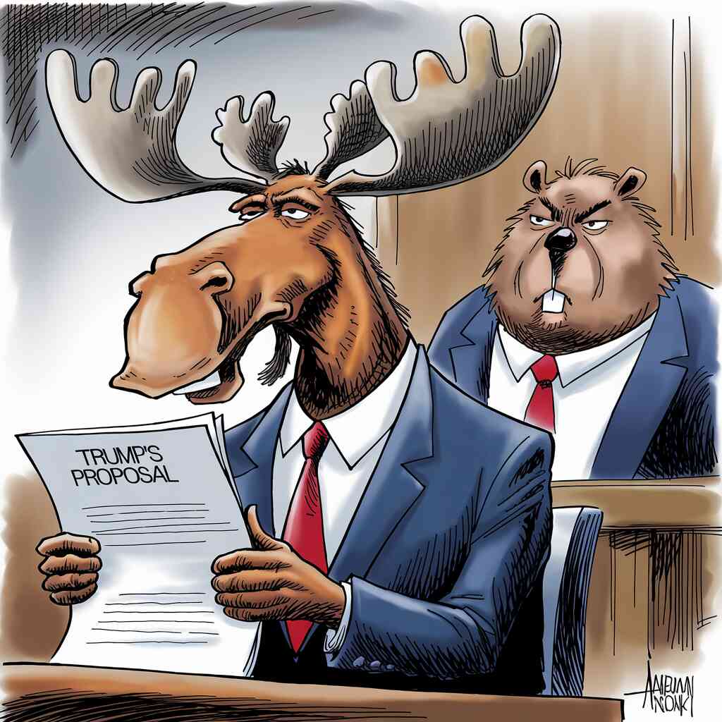 A moose in a business suit reviewing Trump's proposal while beaver lawyers shake their heads in disapproval