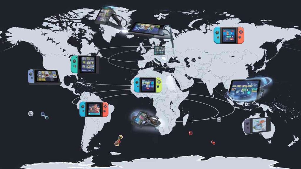 A quantum physics-inspired world map where event locations exist in multiple timelines at once, with tiny Nintendo Switch consoles in superposition