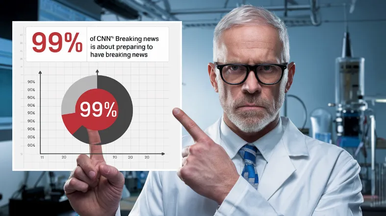 CNN breaking news addiction, A serious-looking expert pointing to a pie chart showing that 99% of CNN's "breaking news" is about preparing to potentially have breaking news