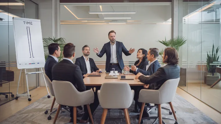 chronological social media feed, A Silicon Valley boardroom where executives are having a group therapy session, with a whiteboard showing a straight line labeled "Time" that everyone's treating like an alien artifact