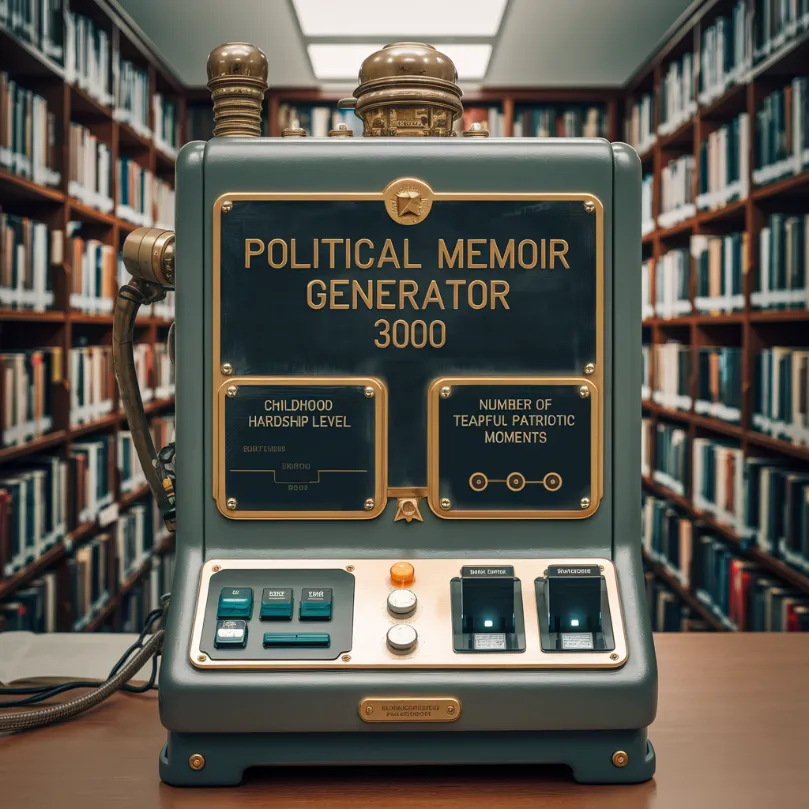 Political memoir writing tips, A sophisticated-looking machine labeled "Political Memoir Generator 3000" with inputs for "Childhood Hardship Level" and "Number of Tearful Patriotic Moments"