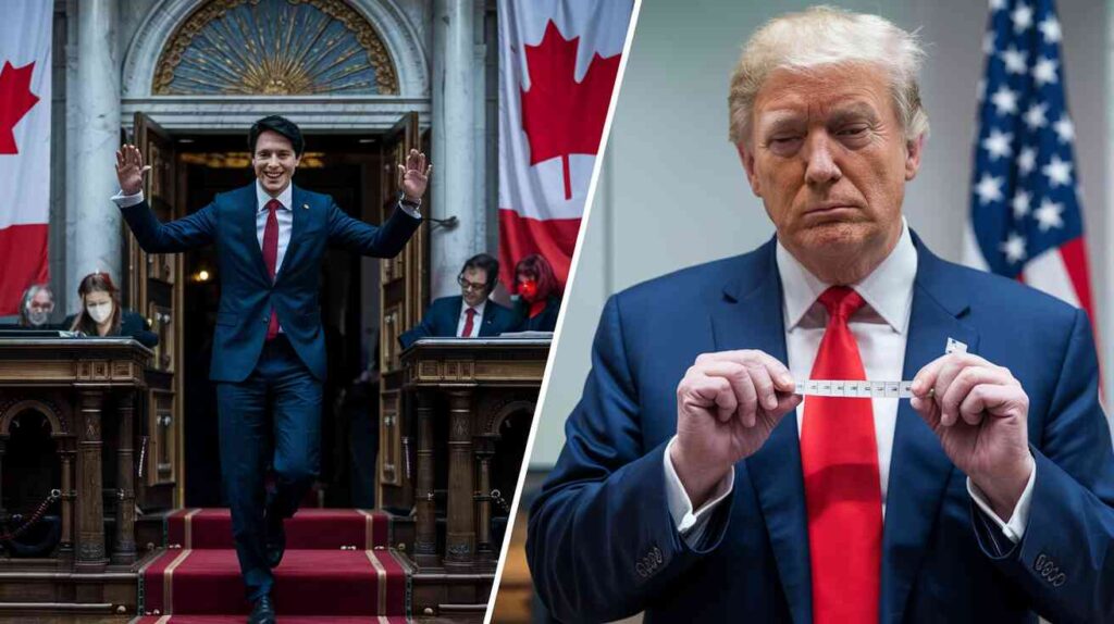 A split image showing Trudeau dramatically exiting Parliament while Trump measures Canada on a real estate listing app