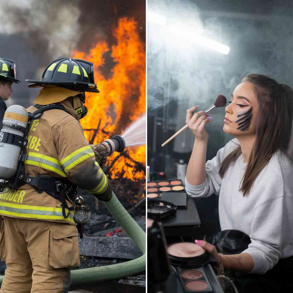 Split-screen showing firefighters battling flames on one side, influencers doing "Emergency Glam Makeup Tutorial: Fire Edition" on the other, complete with smoke-inspired contouring