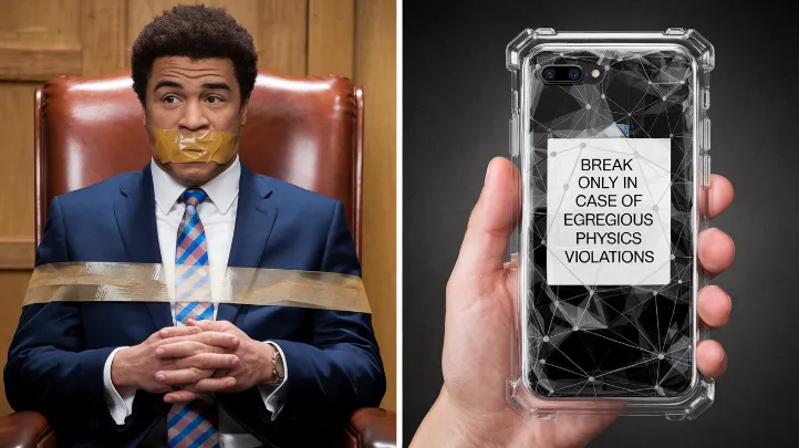 Neil deGrasse Tyson movie tweets, A split-screen showing Neil deGrasse Tyson watching "Gravity" - one side showing him tied to his chair with duct tape over his mouth, the other showing his phone sealed in a glass case labeled "Break Only In Case of Egregious Physics Violations