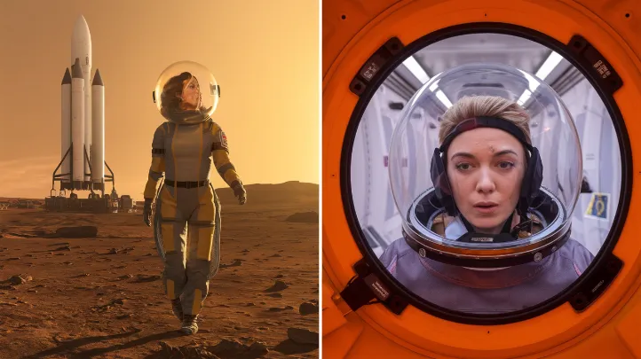 Mars colony lifestyle reality, A split-screen of an influencer attempting to film a "Day in the Life on Mars" video - one side showing their expected glamorous space walk, the other showing them stuck in decontamination after getting red dust in their helmet while trying to get "the perfect angle"