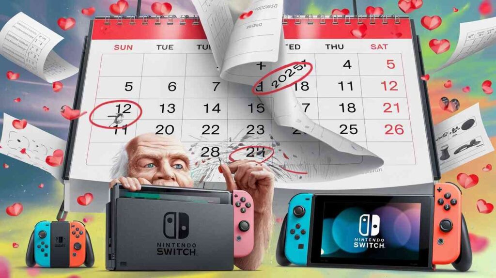 A surreal calendar with pages flying off dramatically, showing 2025 dates circled in red, while a Nintendo Switch console ages like Benjamin Button in the foreground, transforming from a Game & Watch to a Switch 2