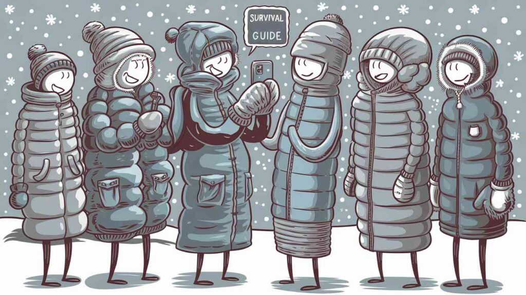 A detailed "survival guide" featuring stick figures wearing entire closets worth of clothing, trying and failing to perform basic tasks like checking their phone with mittened hands