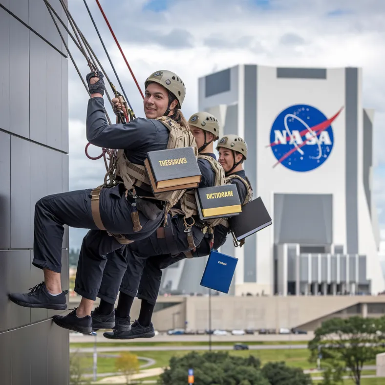 NASA communication crisis, A SWAT team of lexicographers rappelling down the side of NASA headquarters, carrying tactical thesauruses and emergency dictionaries