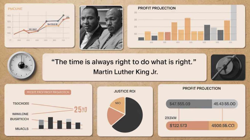 An executive vision board featuring MLK quotes strategically placed between profit projections and pie charts labeled "Justice ROI"