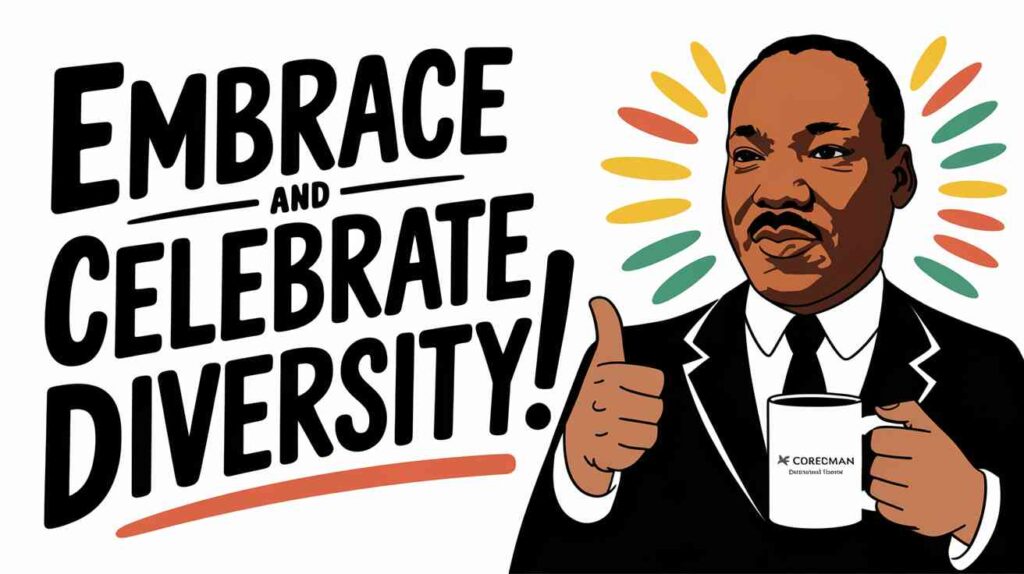 A corporate diversity training PowerPoint showing MLK's face photoshopped onto a businessman giving a thumbs up while holding a branded coffee mug