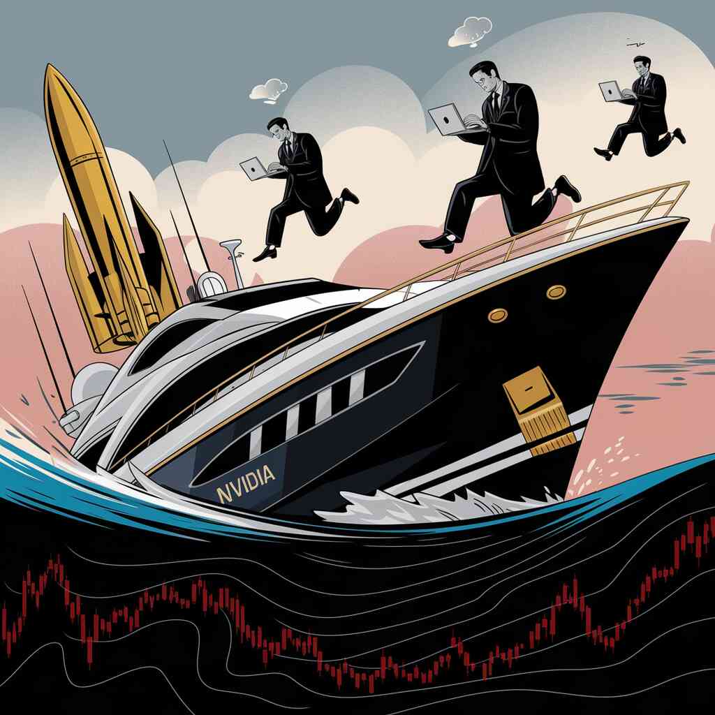 A luxury yacht labeled "Nvidia Stock Price" dramatically sinking into an ocean of red market data, while investors in designer suits use their laptops as flotation devices