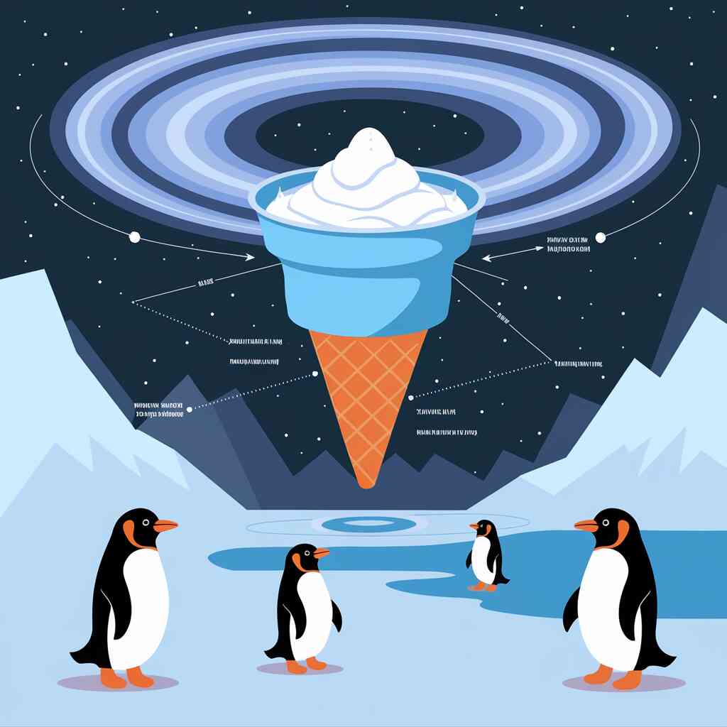 An unnecessarily complicated infographic showing the polar vortex as a giant ice cream maker in the sky, complete with scientific-looking arrows and at least three confused penguins
