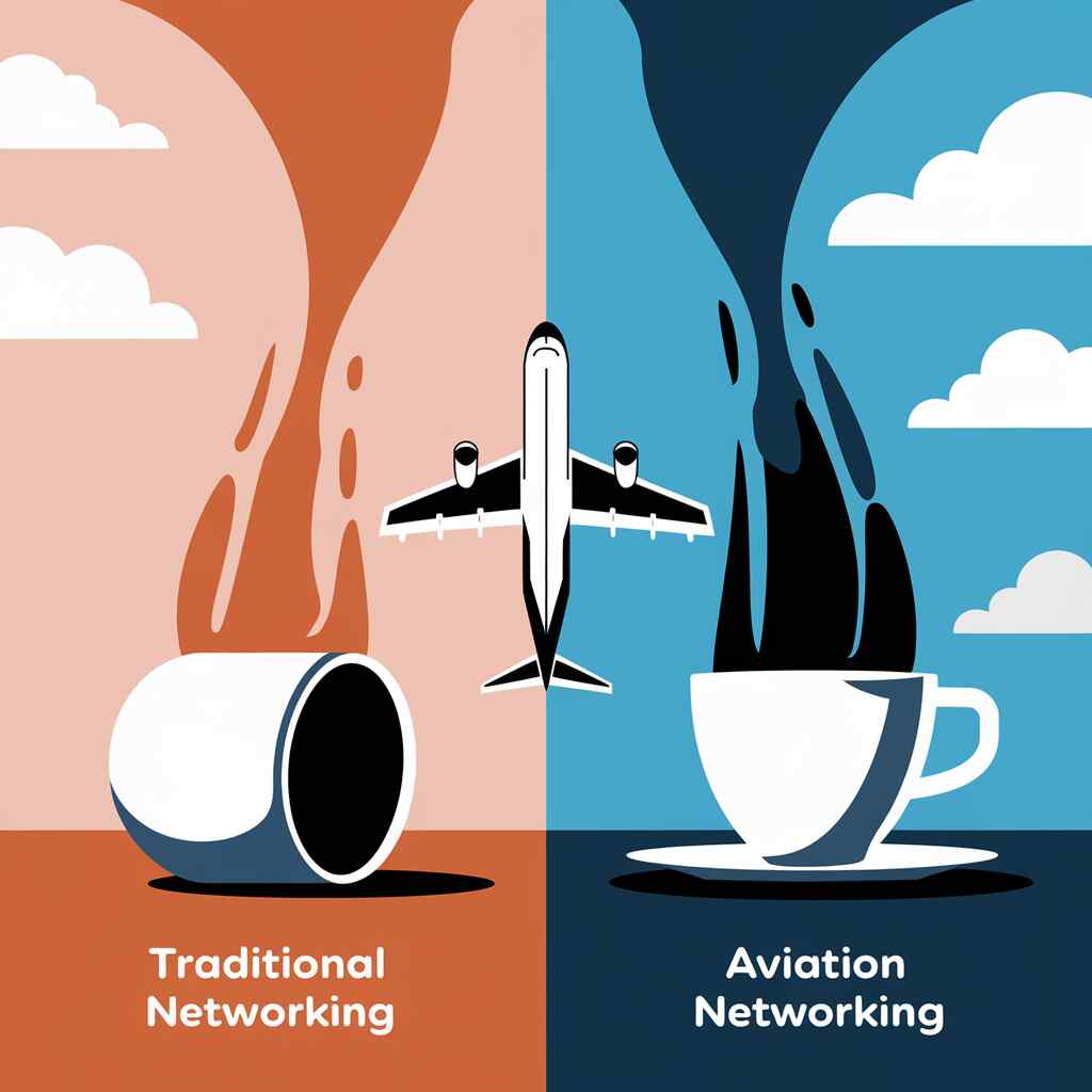 Infographic showing "Traditional Networking vs. Aviation Networking," featuring coffee spills at different altitudes