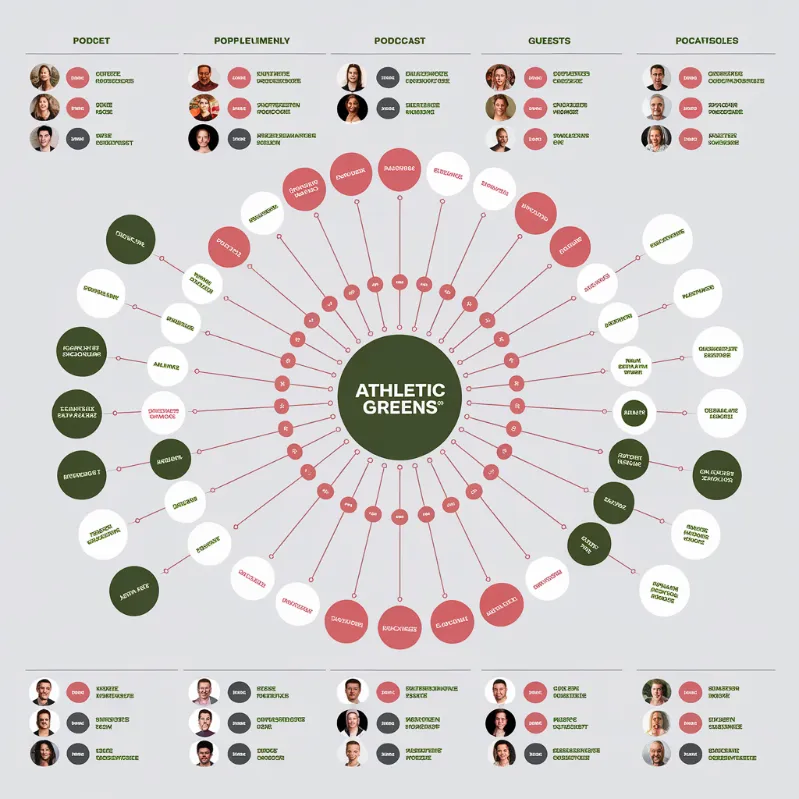 Joe Rogan supplement empire, An organizational chart showing every podcast guest connected to supplement companies, with red string connecting them all to a central jar of Athletic Greens