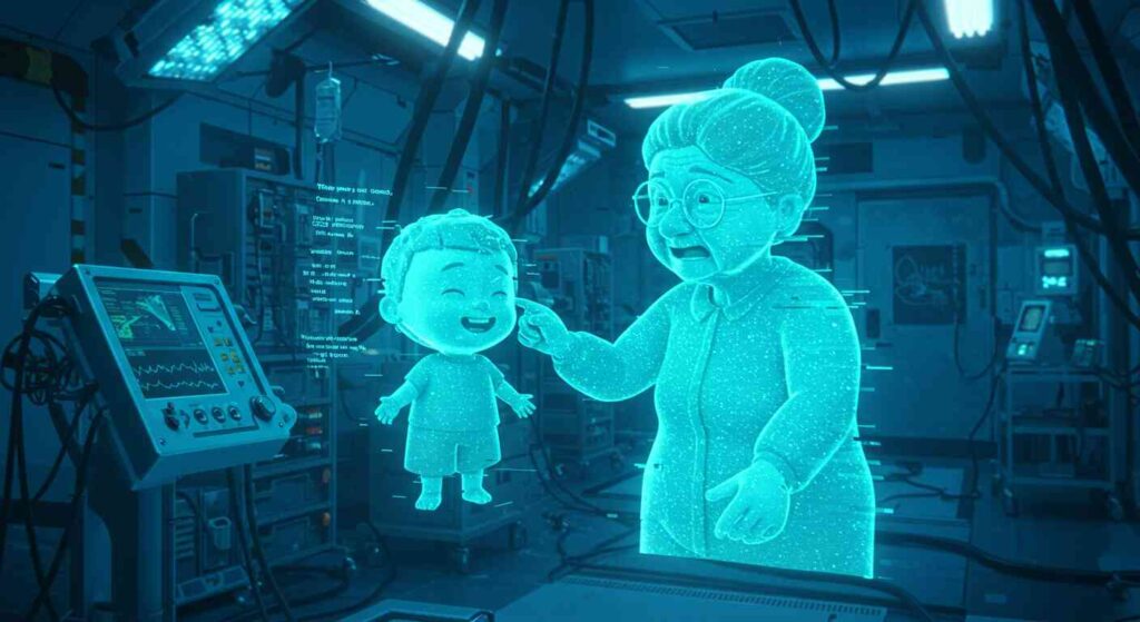 AI grandma simulator technology, A holographic grandmother figure attempting to pinch virtual cheeks while accidentally activating emergency protocols