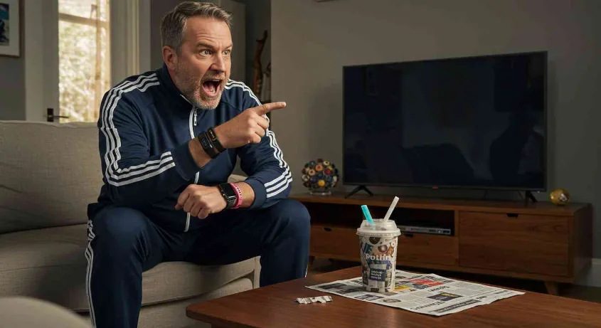 news watching workout routine, A middle-aged man in a designer tracksuit and dress shoes, aggressively pointing at his TV while wearing multiple fitness trackers, with a protein shake made of newspaper clippings on his coffee table