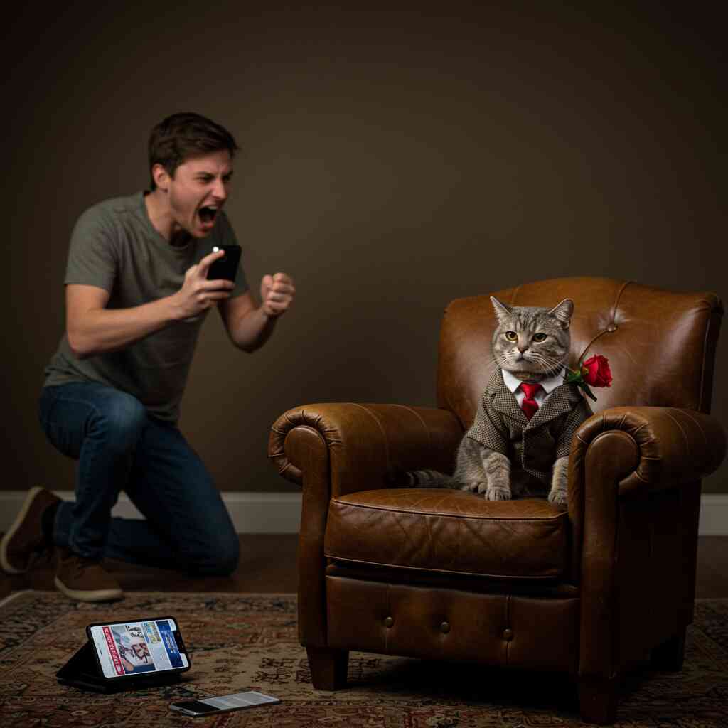 Paywall Subscription Fatigue | The Truth Revealed 2025, A person dramatically reenacting the stages of paywall grief, from confident clicking to desperate device-throwing, while their cat judges them from a premium leather chair