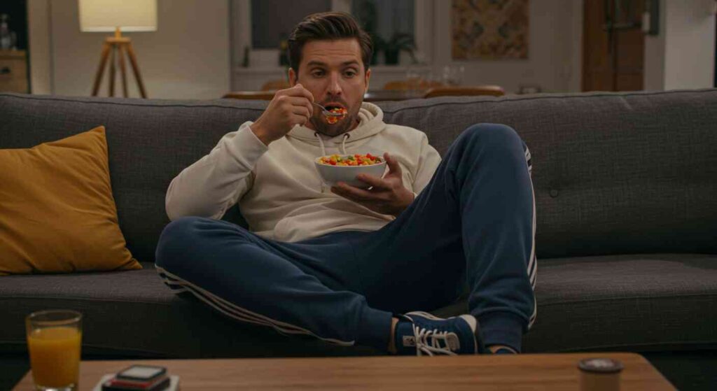 news watching workout routine, A person in premium athleisure wear doing "Tucker Tucks" - essentially stress-eating tucker while tucking into their sofa