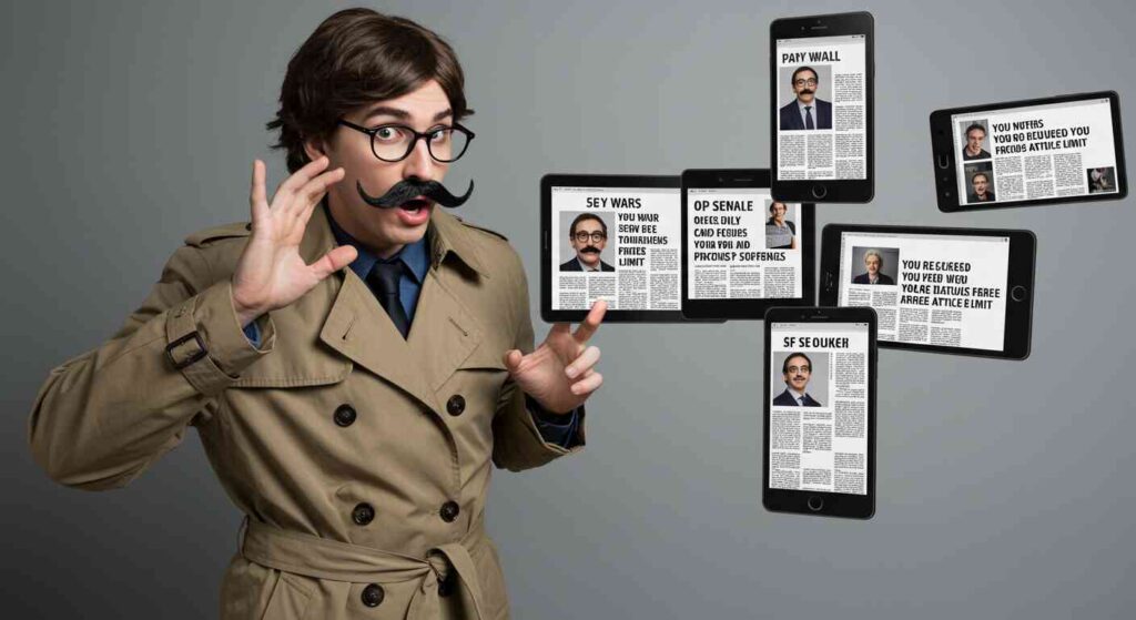 Paywall Subscription Fatigue | The Truth Revealed 2025, A person wearing a trench coat and fake mustache trying to sneak past a digital paywall, while their multiple device screens all show "You've reached your free article limit