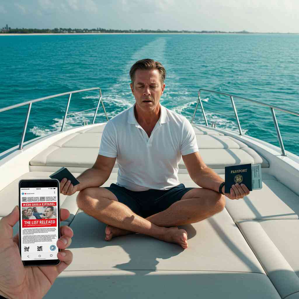 A billionaire in meditation pose aboard a speeding yacht, passport clutched in one hand, phone showing news alerts about the epstein list release being frantically deleted with the other