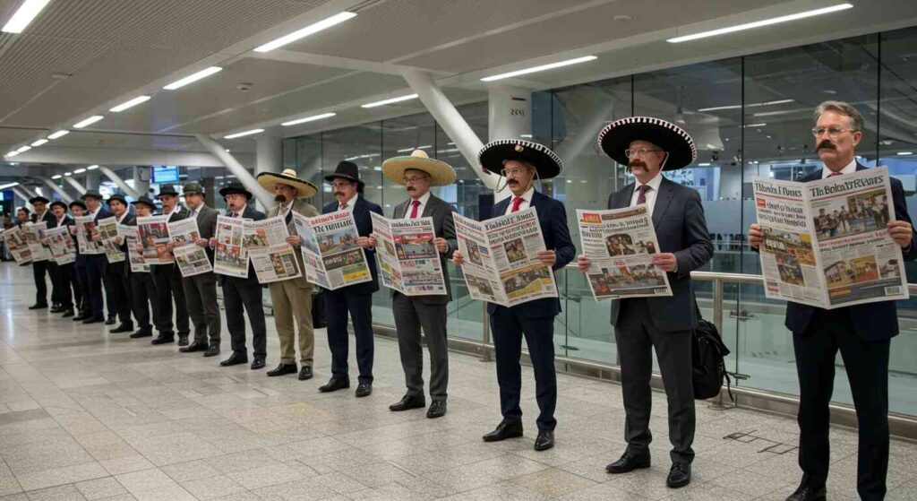 A row of billionaires in disguises including fake mustaches, sombreros, and Groucho Marx glasses, lined up at a private terminal, each holding newspapers with headlines about the epstein list release upside down