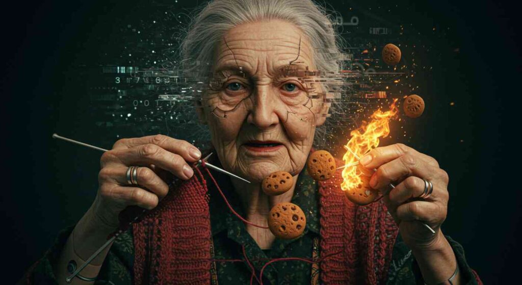 AI grandma simulator technology, An elderly woman's face glitching between human and robot features while simultaneously knitting binary code and burning digital cookies