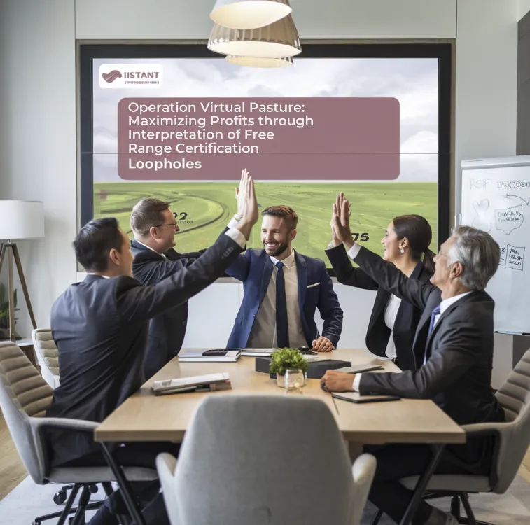 A corporate boardroom where executives are high-fiving over a presentation titled "Operation Virtual Pasture: Maximizing Profits Through Creative Interpretation of Free Range Certification Loopholes", free range certification loopholes